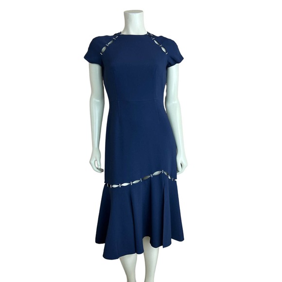 NEW Jonathan Simkhai Stapled Crepe Dress Slashed Blue Flounce Hem Cutout Slit 6 - Picture 2 of 12